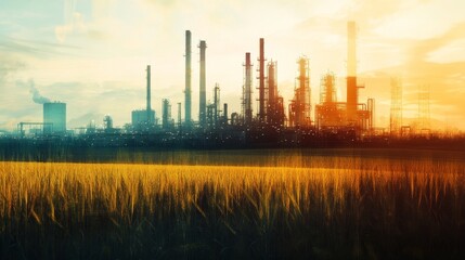 Obraz premium Industrial landscape transformation factory district photography urban environment sunset view nature vs. Industry