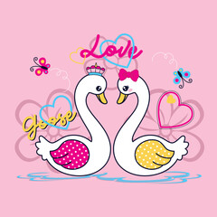Adorable swan vector illustration with elegant heart and vibrant flower decorations in a whimsical and charming design  
