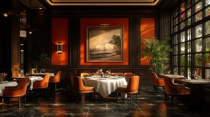 Obraz premium Luxury Restaurant Interior Design. Elegant Dining Room with Dark Wood Accents and Orange Walls.