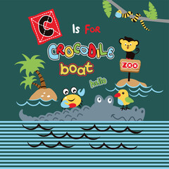 Cute crocodile swimming with a little friend on a beach near a tropical island in a fun vector illustration
