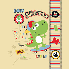 Cute dinosaur skating on a city street with tall buildings and traffic signs in a playful vector design
