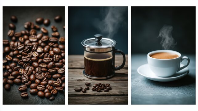 Coffee beans, french press, and steaming cup of coffee trio