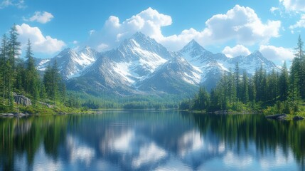 Serene mountain lake reflecting snowy peaks.