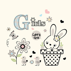 Bright and adorable rabbit vector with colorful flowers and starry background. Cheerful and whimsical design.
