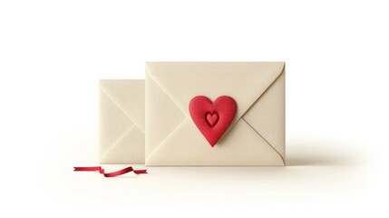 Closeup of a red heart shaped wax seal or sticker placed on the flap of a cream colored envelope suggesting an affectionate message or romantic letter inside  The design evokes feelings of love