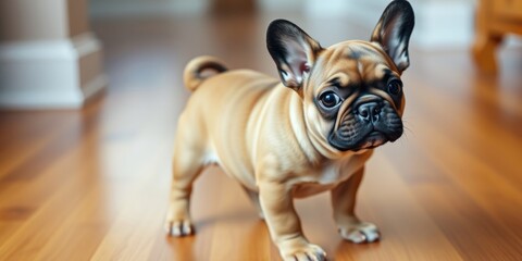 A tiny French Bulldog puppy curiously walks across warm hardwood flooring, soaking in the soft afternoon light that fills the room