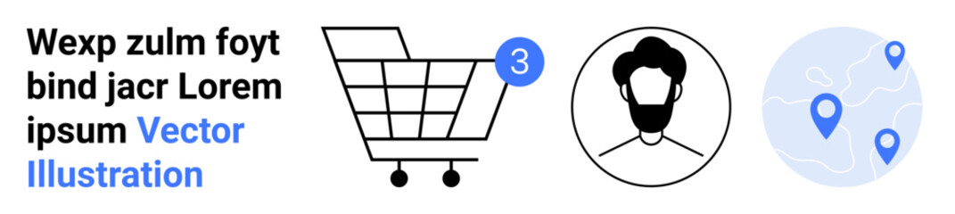 Shopping cart with a notification, user profile icon, and location pins map. Ideal for online shopping, e-commerce, user interface design, web development, customer service, mobile apps, and delivery