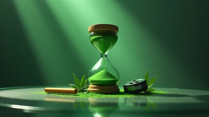 A green-sand hourglass on a glass table with cannabis-themed accessories, soft light, and minimal decor, symbolizing time for 420 celebrations in a stylish setup
