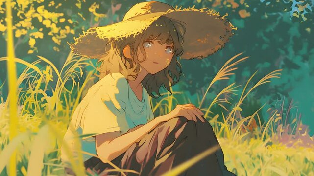 Anime girl in straw hat sitting in a summer field serene lo-fi vibes. Anime style loop