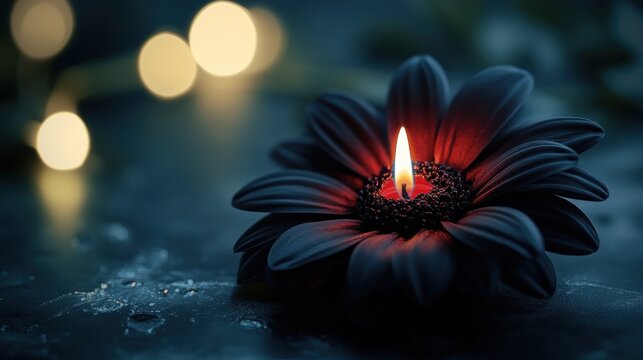 Dark Flower Candle Burning Softly In The Night