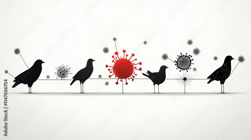 Poster silhouetted birds and abstract virus illustrations representing the interaction between nature and v