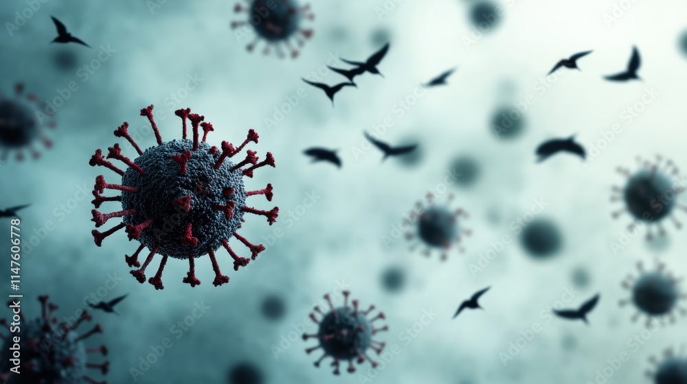 Poster abstract depiction of a virus structure surrounded by flying birds, symbolizing the intersection of 