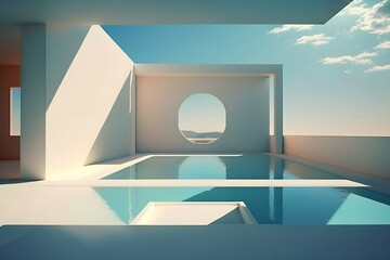 Minimalist architecture, pool, desert view.