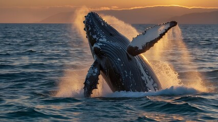 Fototapeta premium Close up of an Humpback whale breaching out of the ocean at sunset, whale jump