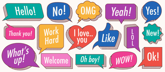 Speech bubble set 3d style cloud talk with text thank you, omg, yes, no, new isolated on white background vector 10 eps