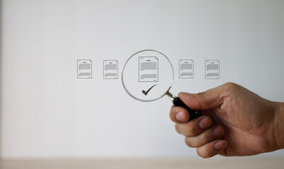 Fototapeta premium Document management concept. Virtual screen icons Document Management System DMS Online document database, software for efficient archiving, searching and management of company files and data. 