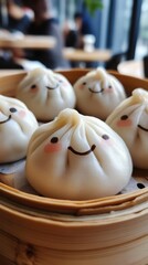 Obraz premium Cute Cartoonish Steamed Dumplings with Blushing Faces in Bamboo Steamer