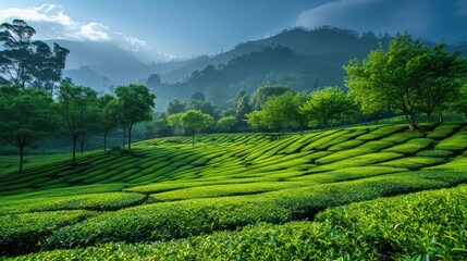 Green tea fields on rolling hills.