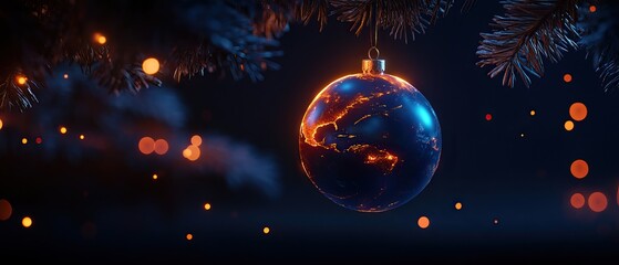 A glowing blue Christmas ornament hangs against a dark backdrop, surrounded by soft orange lights and pine branches, creating a festive atmosphere.