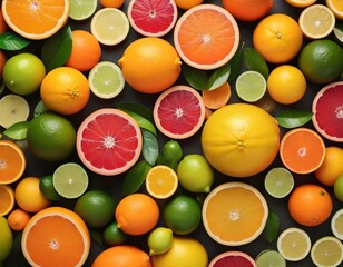 Various citrus fruits as a background, top view