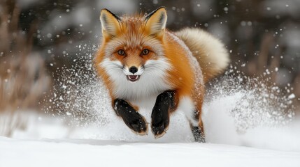Obraz premium A red fox in mid-stride through a snowy winter landscape.