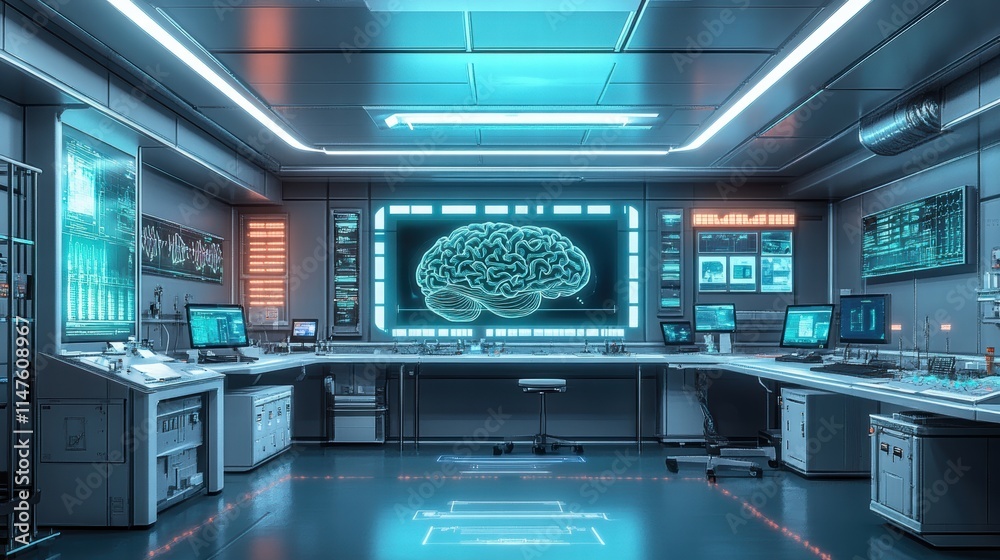 Poster high-tech laboratory featuring neural interface and brain computer technology