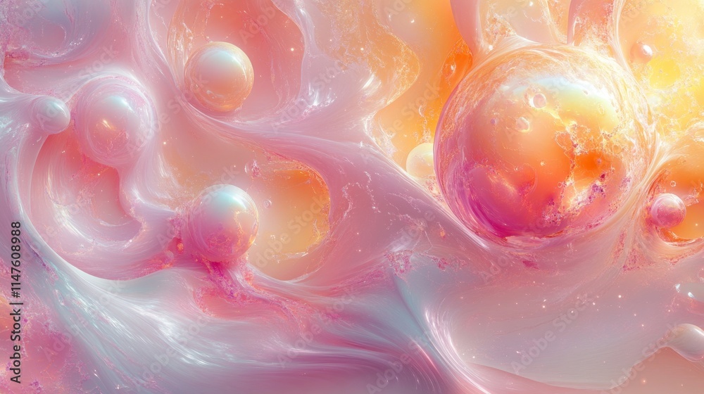 Poster ethereal bubbles and swirls abstract art digital creation soft color palette close-up view fluid dyn