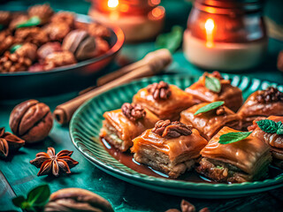 Delicious Baklava with walnuts and honey. Tasty Food background