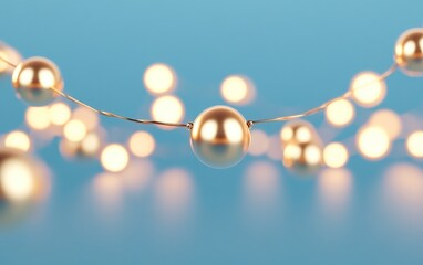 A delicate string of glowing pearls against a soft blue background, creating a warm and inviting atmosphere.