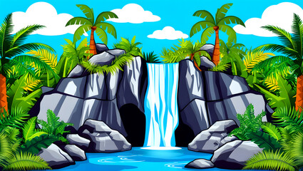 A beautiful tropical landscape with a waterfall