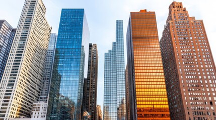 Obraz premium A stunning cityscape featuring a mix of modern glass skyscrapers and classic brick buildings reflecting the warm glow of sunset.