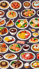 Close-up illustration of rice, beef, salad, egg, shrimp, and soup on a plate and bowl for a delicious and eye-catching design