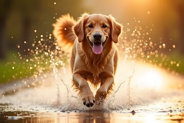 Energetic Golden Retriever Splashing Through Water Against Dramatic Sunset
