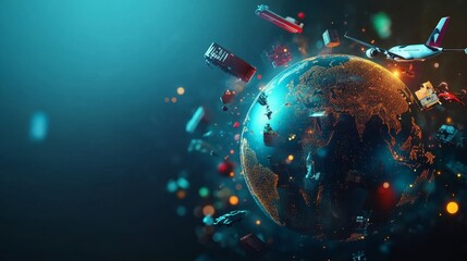Naklejka premium Global transportation dynamics depicting trade and travel around the world digital art vibrant environment aerial view