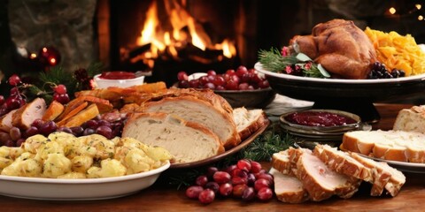 Obraz premium Festive Christmas Dinner Spread with Roasted Turkey, Mashed Potatoes, and Roasted Vegetables on Wooden Table by Fireplace