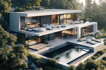 Fototapeta premium Modern villa with open plan living private bedroom wing and pool.