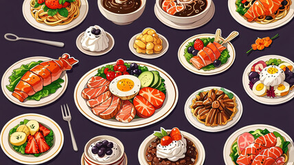 Creative and colorful food design featuring rice, beef, salad, egg, shrimp, and soup arranged on a plate and bowl