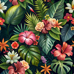 Fototapeta premium Vibrant Tropical Flowers and Lush Foliage Pattern