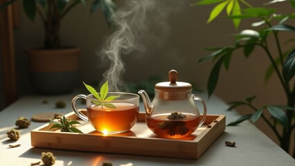 Obraz premium A bamboo tray with cannabis-infused tea, fresh leaves, and a clear teapot, styled on a neutral table with soft light, capturing a minimalist and serene 420 vibe.