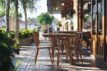 Fototapeta premium empty wood table and chairs on the terrace at summer day