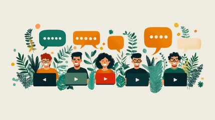 Fototapeta premium Customer retention concept Digital illustration of diverse individuals engaging in online communication with laptops and speech bubbles.