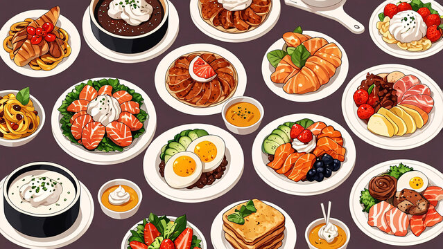 Gorgeous sticker design showing rice, beef, salad, egg, shrimp, and soup on a plate and bowl for a vibrant look