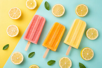 Homemade popsicles with fresh lemons on colored background. Generative AI