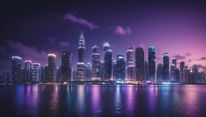 Obraz premium Night cityscape view of modern skyscrapers illuminated with vibrant purple and pink lights reflecting on calm waters