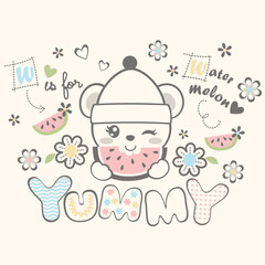 Cute animal vector illustration enjoying fresh fruits with beautiful flower decorations
