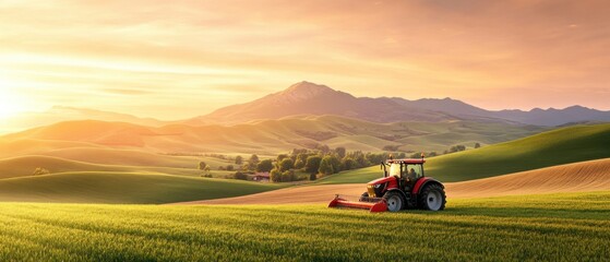 Serene Landscape with Tractor in Green Fields Underneath a Beautiful Sunset and Majestic Mountains