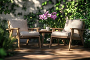 Outdoor relaxation with armchairs  garden furniture  and nature views.