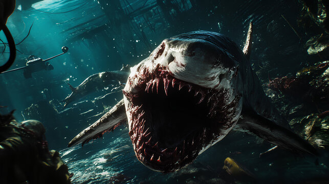 shark infected with a very scary zombie virus