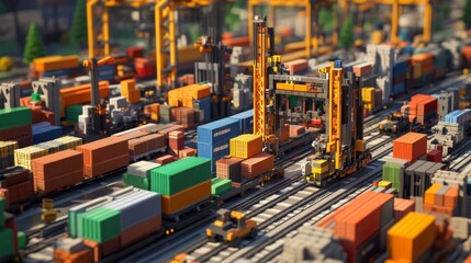 Fototapeta premium Heavy machinery operations at container shipping yard urban setting aerial view industrial activity for logistics efficiency