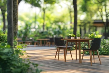 Wooden furniture in park with green plants. Leisure and holiday.